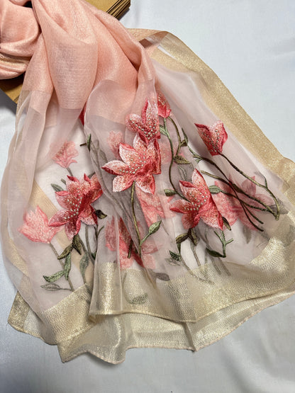 Lilies Embroidered Organza- Luxury Hijabs- Baby Pink