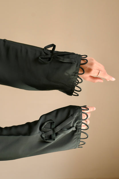 Elysian Bow Sleeve Nida Abaya- Bottle Green