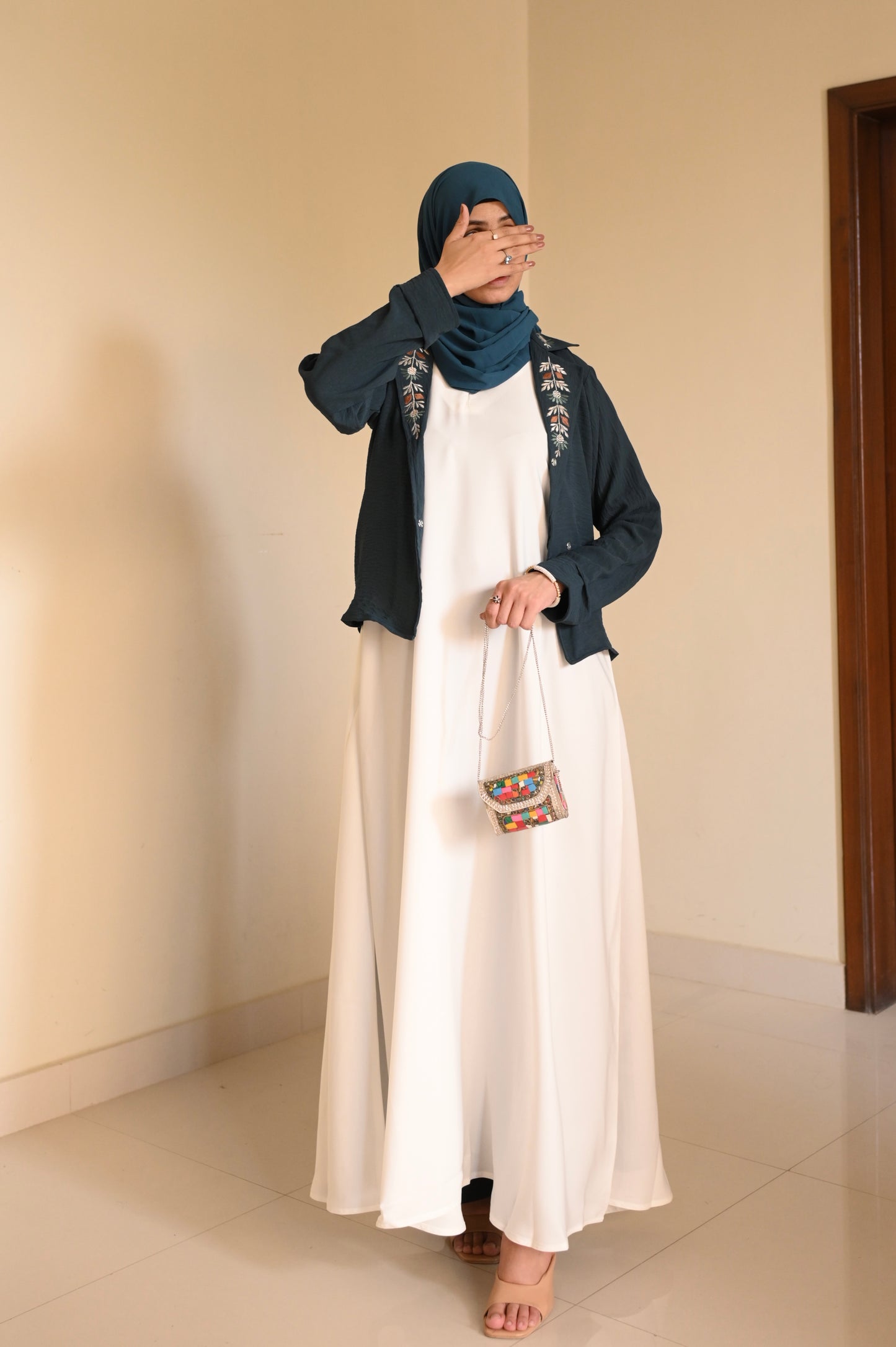 Whispering Petals-Floral Embroidered Half Jacket- Teal