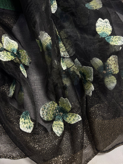 Poppy Flower Embroidered Organza- Luxury Hijabs- Black Green