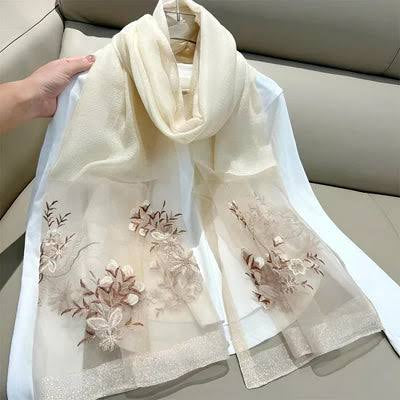 Sequins Floral Embroidered Organza- Luxury Hijabs- Cream