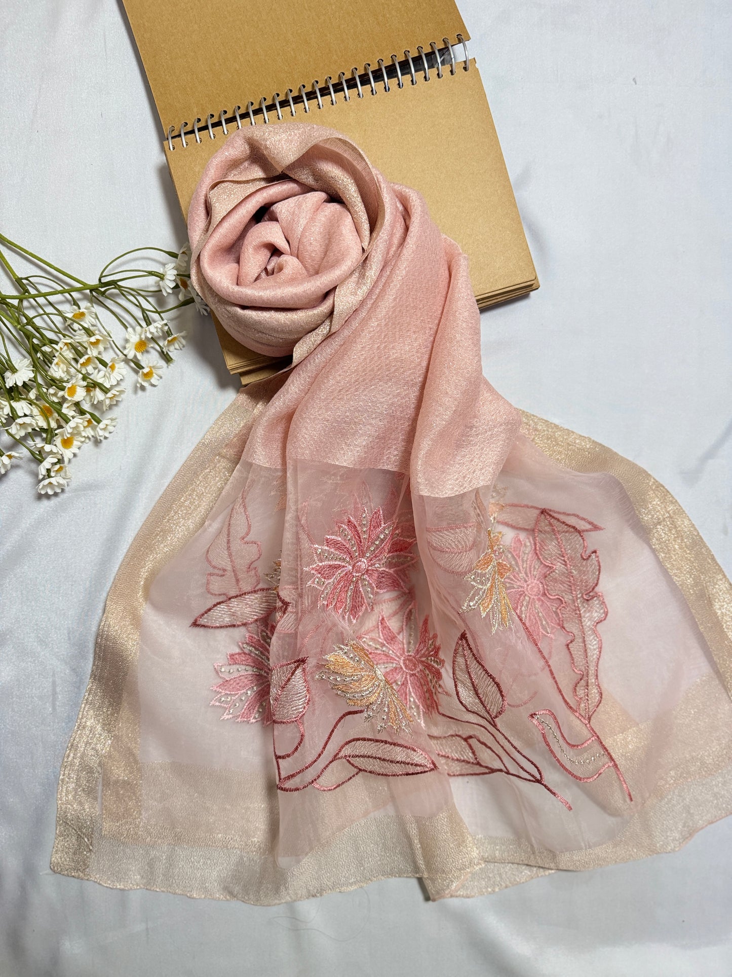 Daffodils Embroidered Organza- Luxury Hijabs- Baby Pink