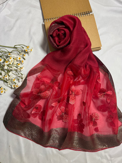 Poppy Flower Embroidered Organza- Luxury Hijabs- Maroon