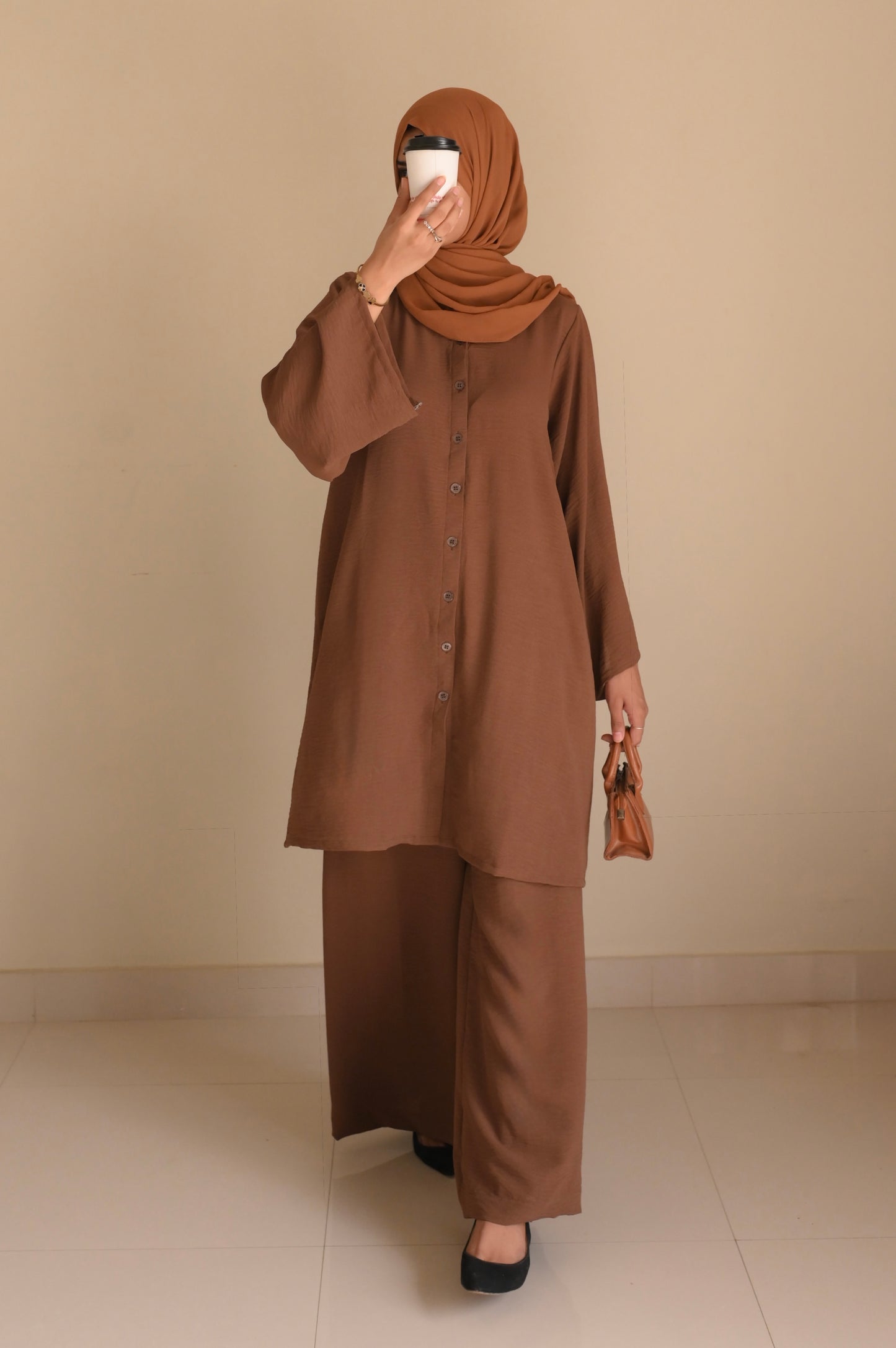 Button Down-Modest Coord Set- Coffee Brown