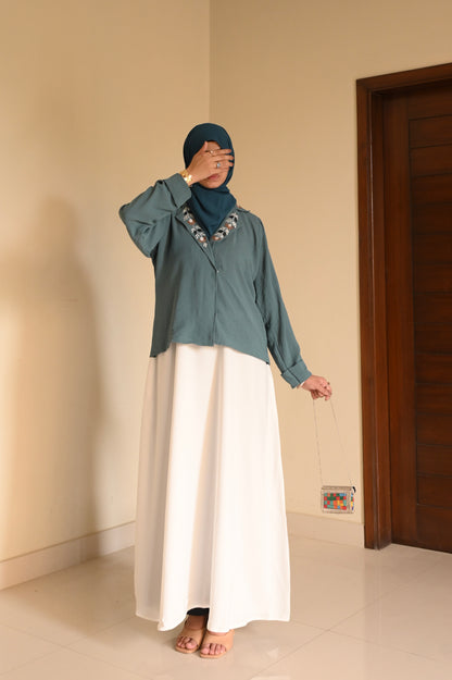 Whispering Petals-Floral Embroidered Half Jacket- Sea Green