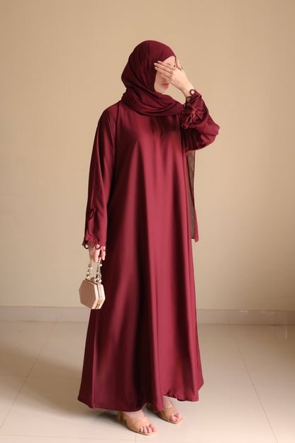 Elysian Bow Sleeve Nida Abaya- Deep Maroon