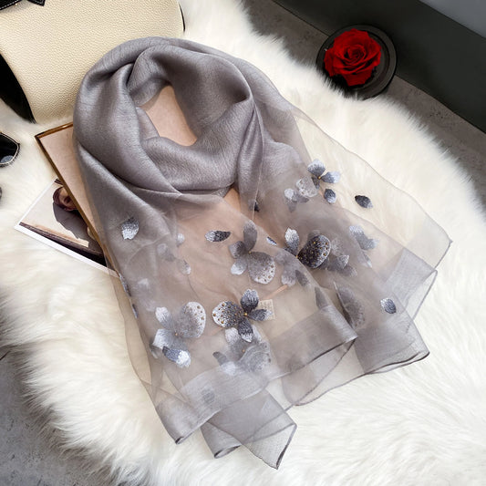 Poppy Flower Embroidered Organza- Luxury Hijabs- Silver