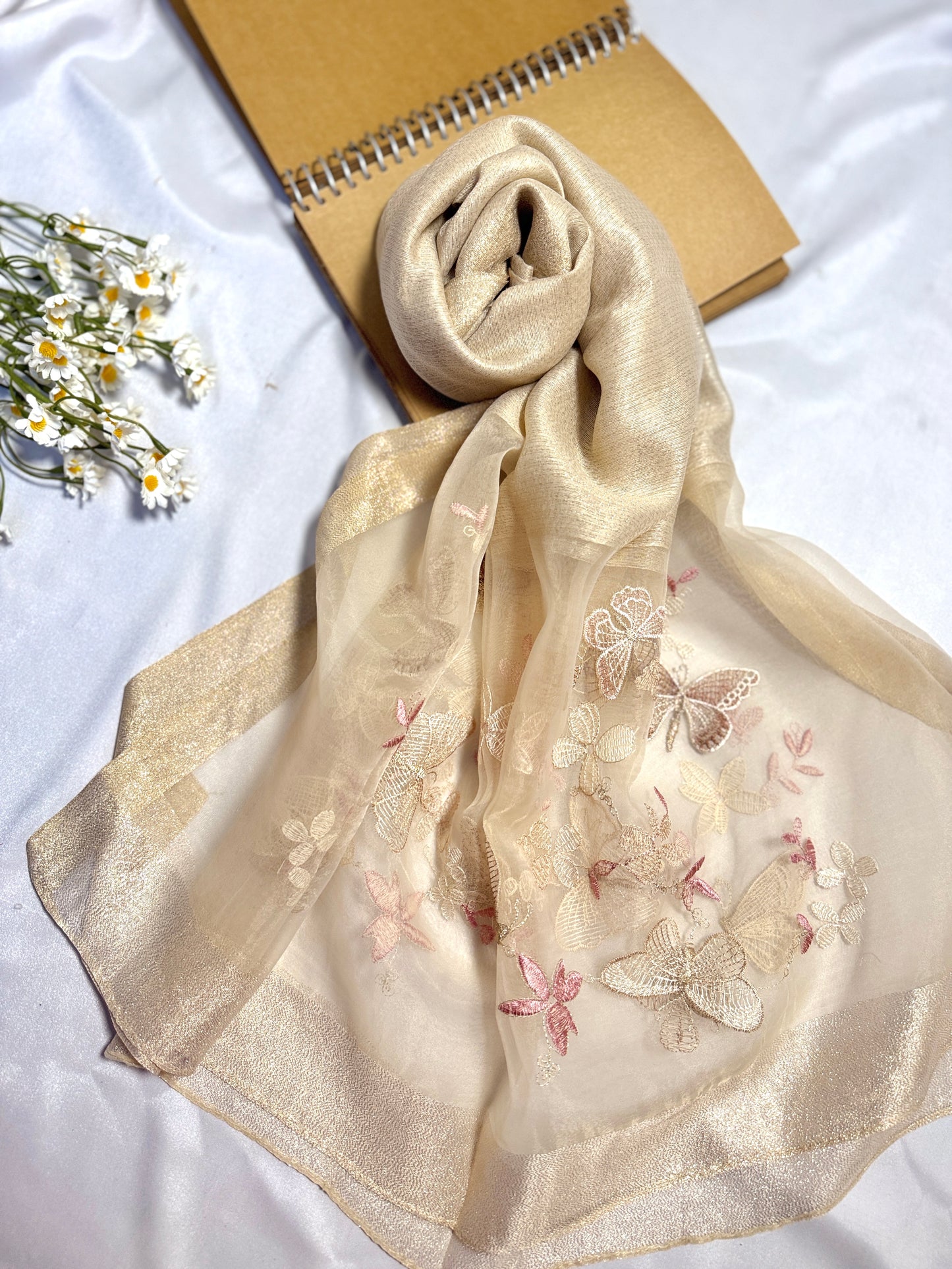 Butterfly Embroidered Organza- Luxury Hijabs-Nude Gold