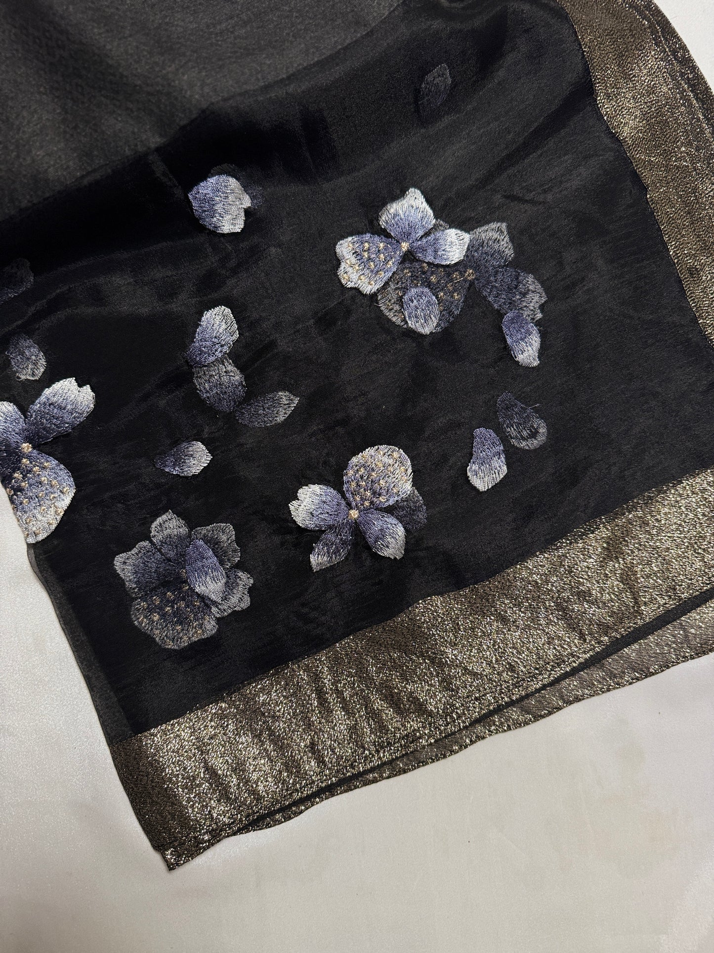 Poppy Flower Embroidered Organza- Luxury Hijabs- Black