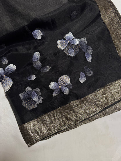 Poppy Flower Embroidered Organza- Luxury Hijabs- Black