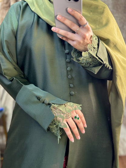Luxe Olive Coat Abaya- Romantic Nida