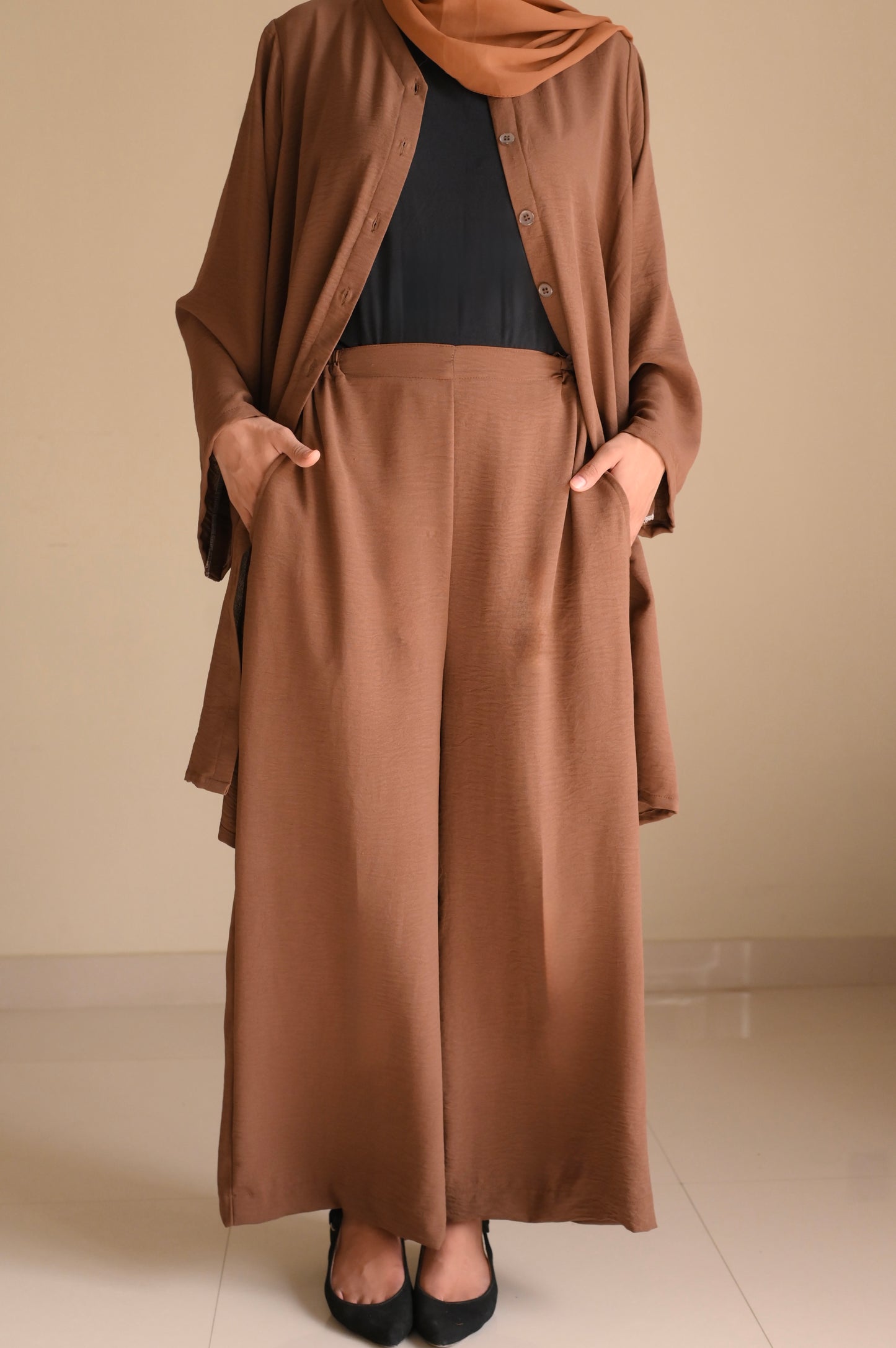 Button Down-Modest Coord Set- Coffee Brown