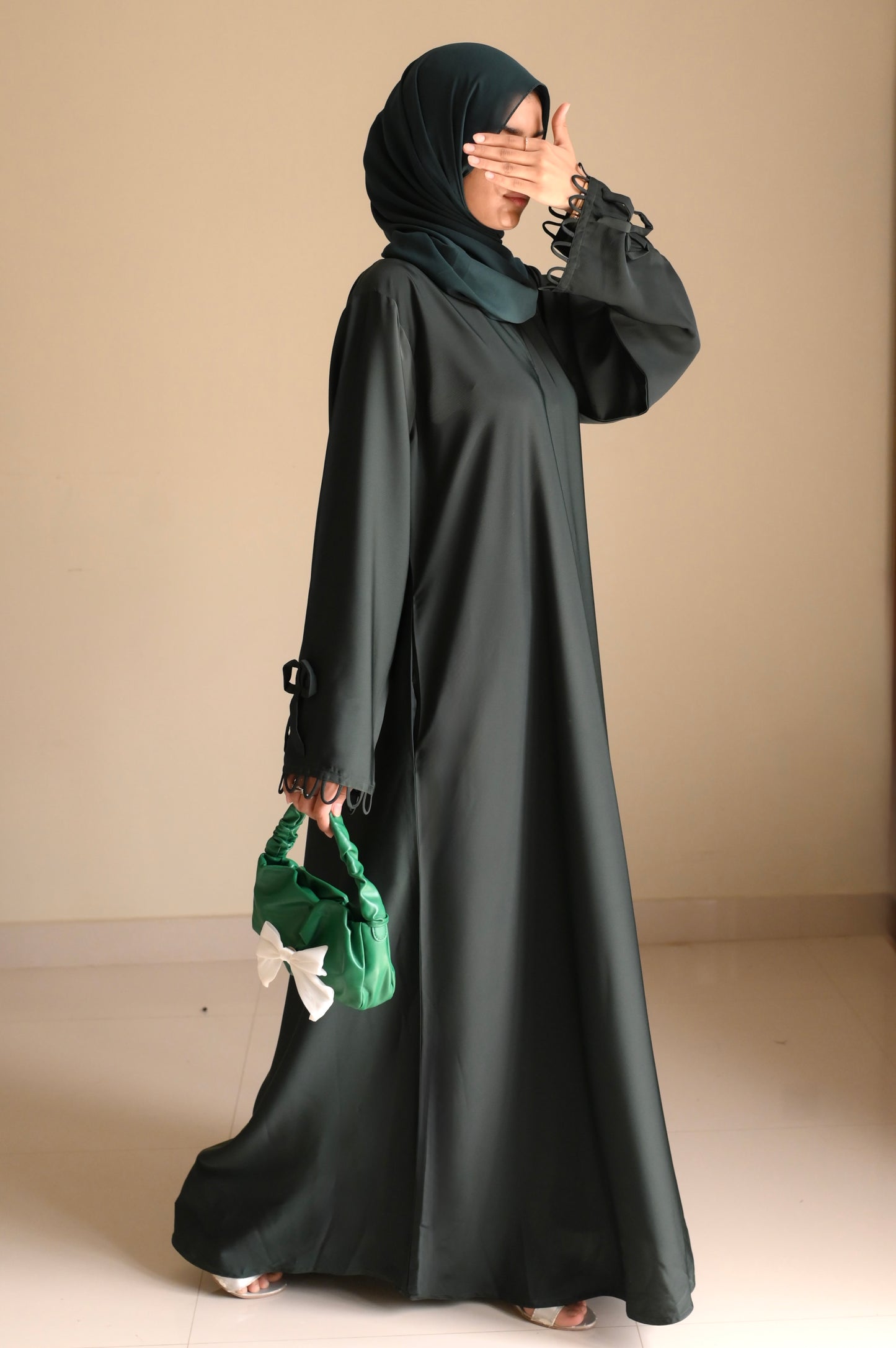 Elysian Bow Sleeve Nida Abaya- Bottle Green