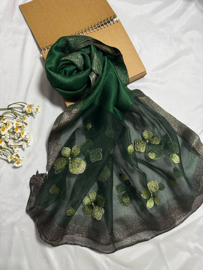 Poppy Flower Embroidered Organza- Luxury Hijabs- Dark Green