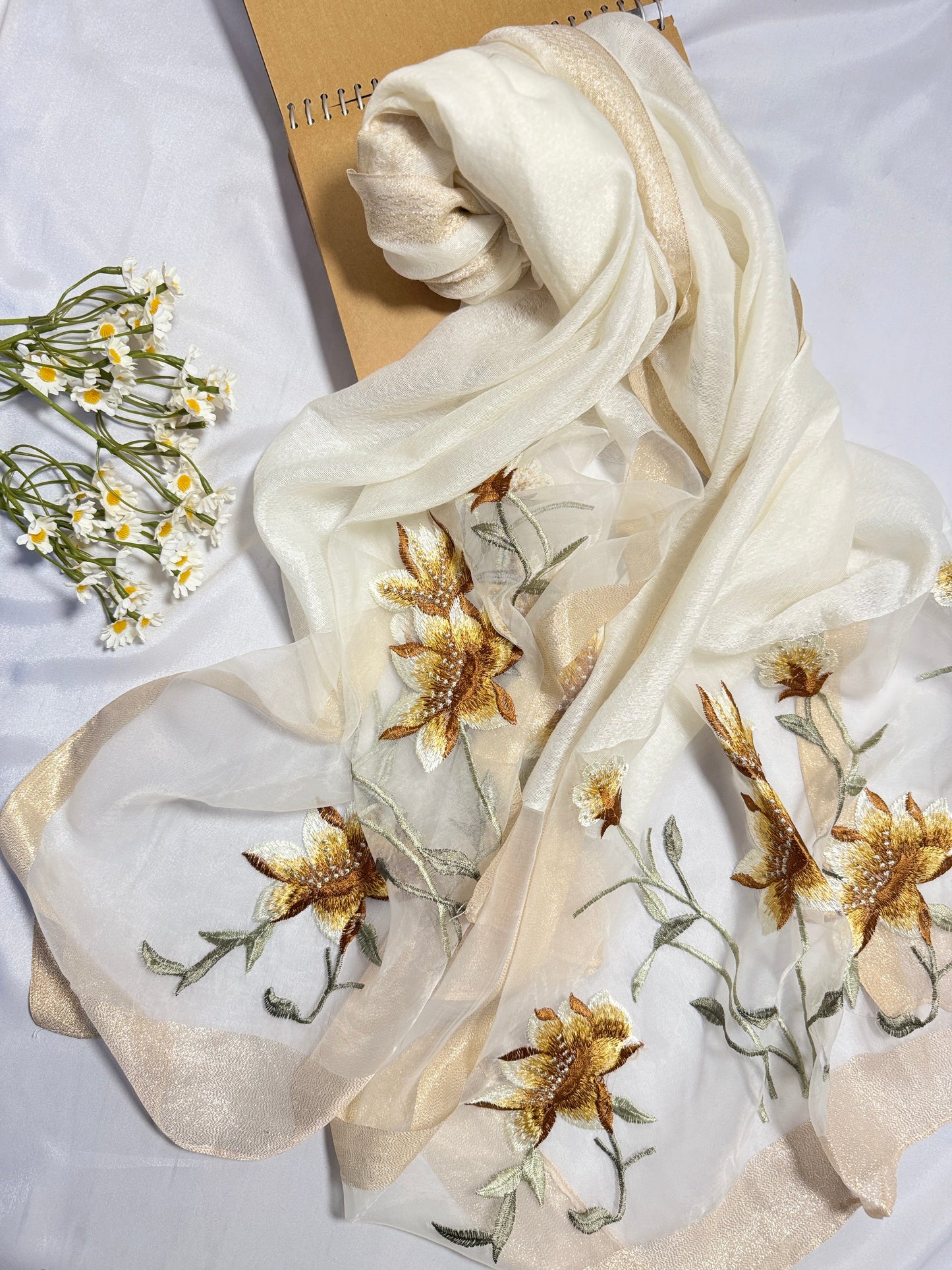 Lilies Embroidered Organza- Luxury Hijabs- White