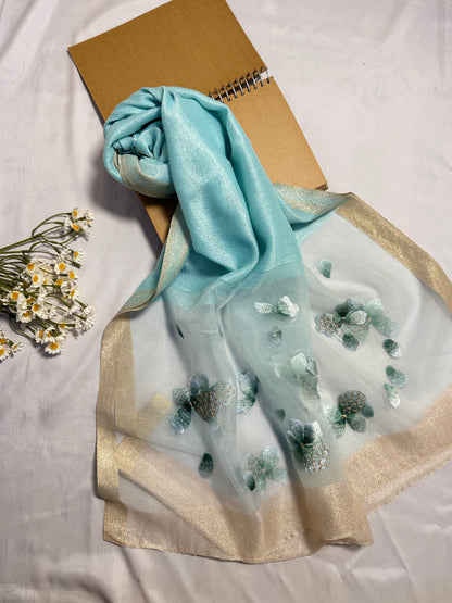 Poppy Flower Embroidered Organza- Luxury Hijabs- Ice Blue