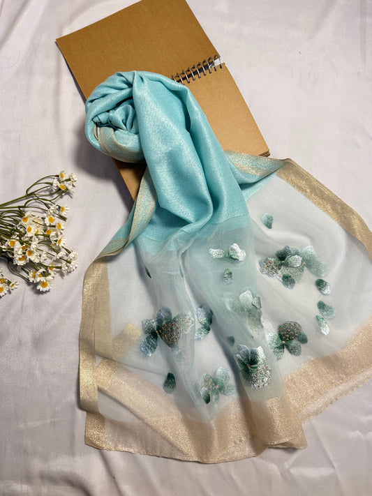 Poppy Flower Embroidered Organza- Luxury Hijabs- Ice Blue