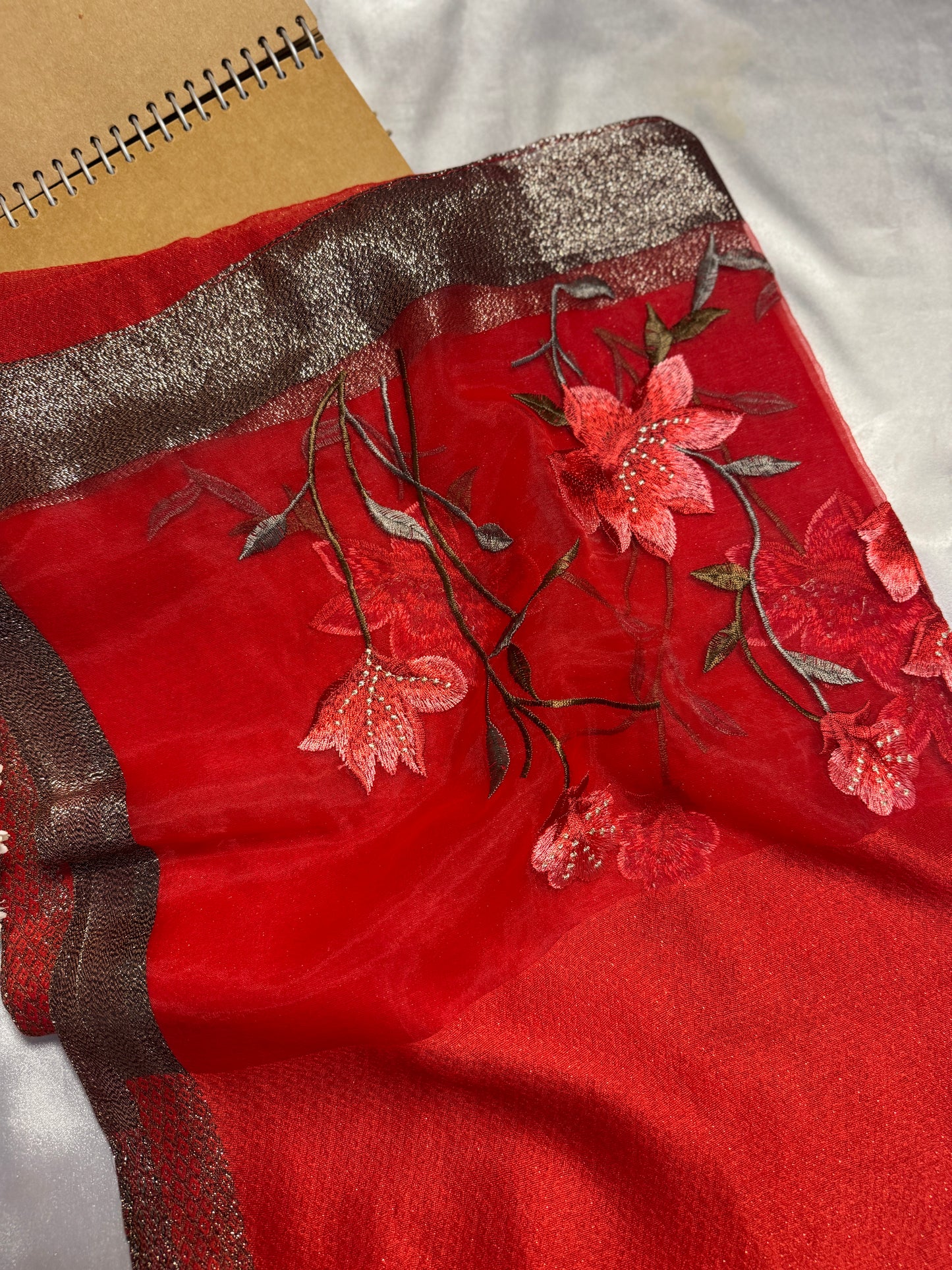 Lilies Embroidered Organza- Luxury Hijabs- Red