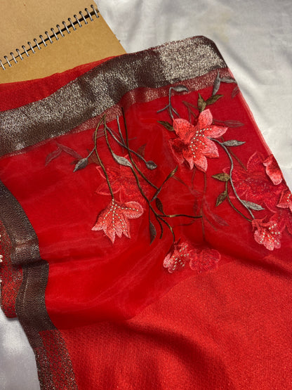 Lilies Embroidered Organza- Luxury Hijabs- Red