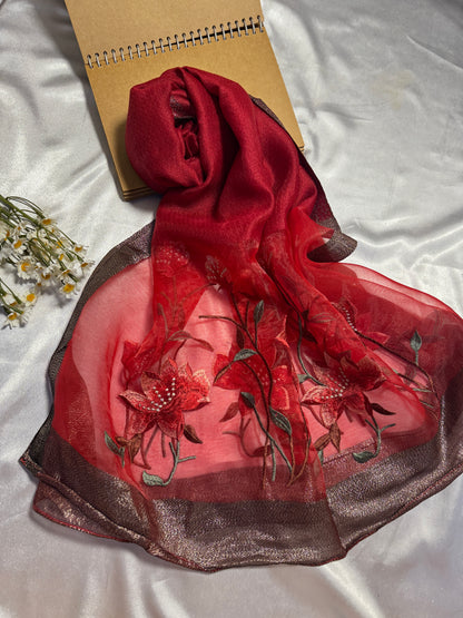 Lilies Embroidered Organza- Luxury Hijabs- Maroon