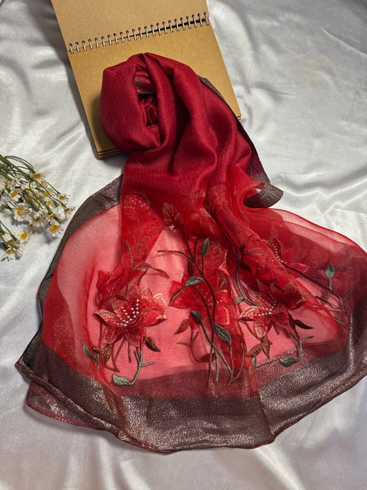 Lilies Embroidered Organza- Luxury Hijabs- Maroon