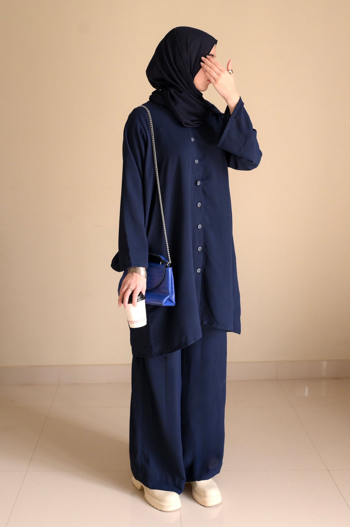 Button Down-Modest Coord Set- Navy Blue