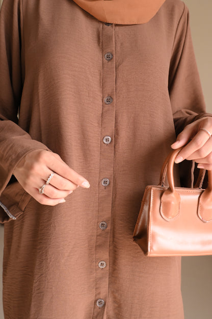 Button Down-Modest Coord Set- Coffee Brown