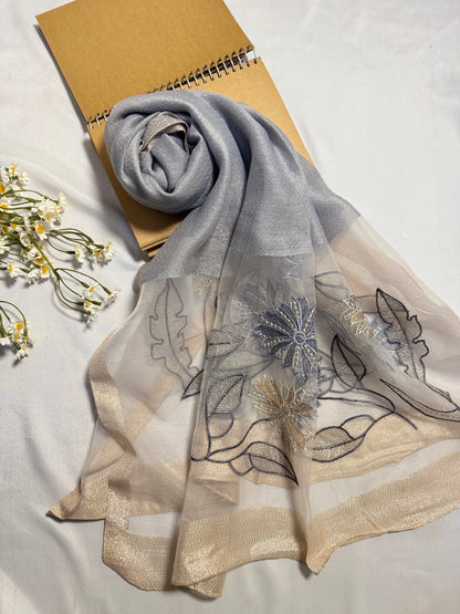 Daffodils Embroidered Organza- Luxury Hijabs- Silver