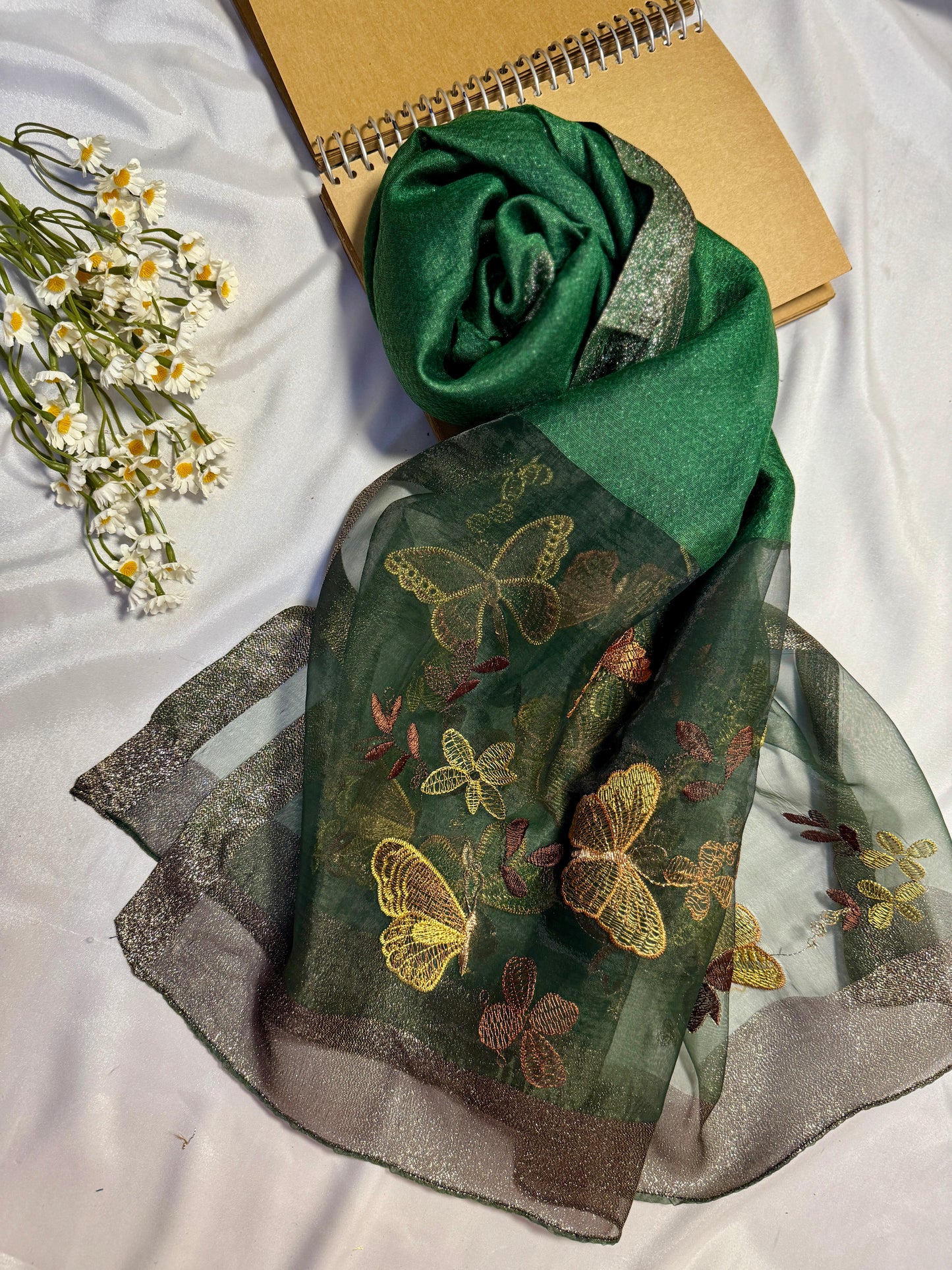 Butterfly Embroidered Organza- Luxury Hijabs- Dark Green