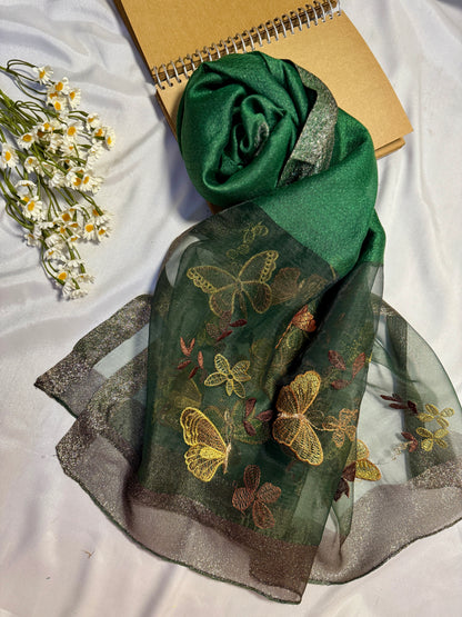 Butterfly Embroidered Organza- Luxury Hijabs- Dark Green