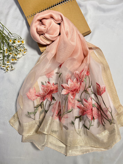 Lilies Embroidered Organza- Luxury Hijabs- Baby Pink