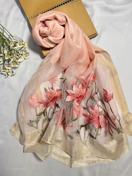 Lilies Embroidered Organza- Luxury Hijabs- Baby Pink