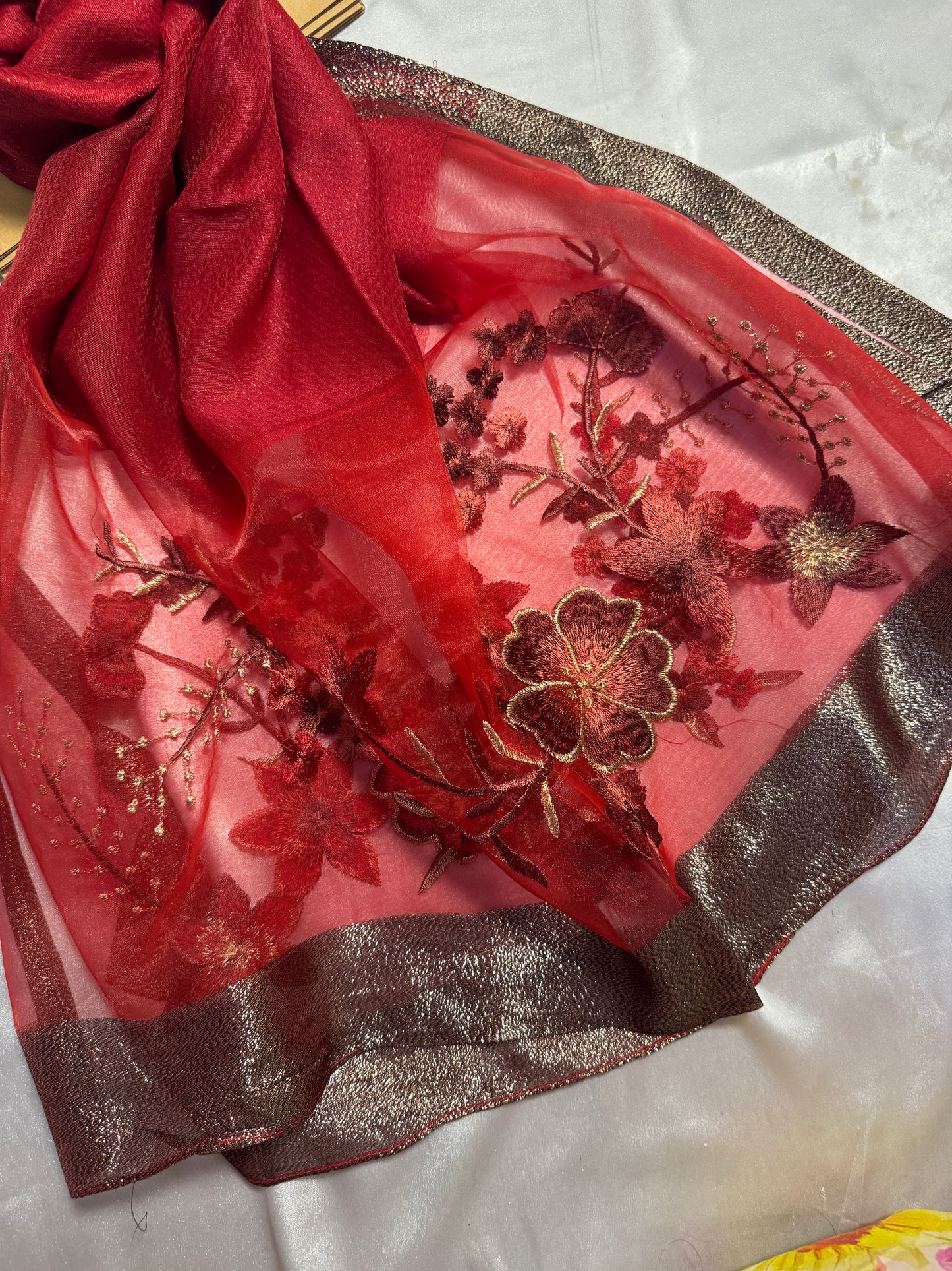 Rose Embroidered Organza- Luxury Hijabs- Maroon