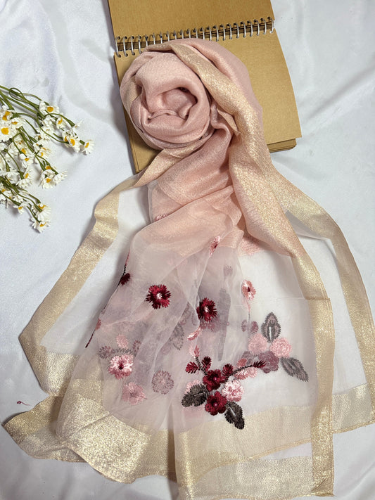 Pearl Floral Embroidered Organza- Luxury Hijabs- Baby Pink