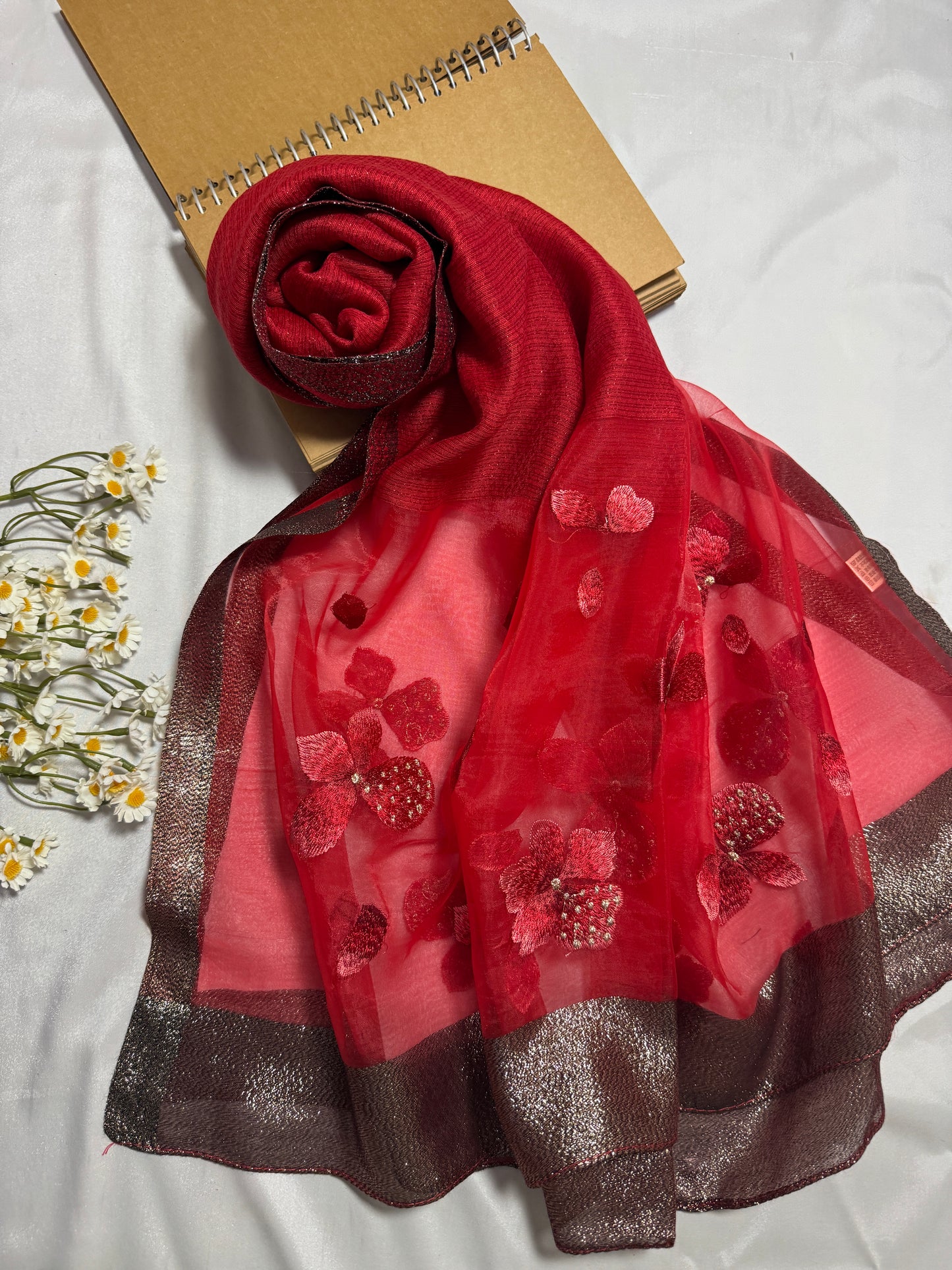 Poppy Flower Embroidered Organza- Luxury Hijabs- Red