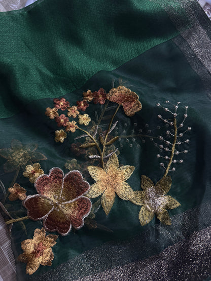 Rose Embroidered Organza- Luxury Hijabs- Dark Green