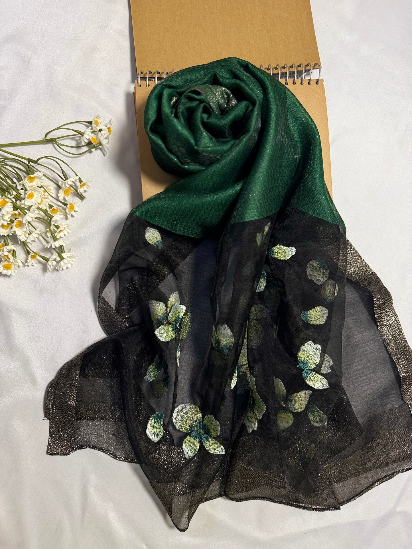 Poppy Flower Embroidered Organza- Luxury Hijabs- Black Green