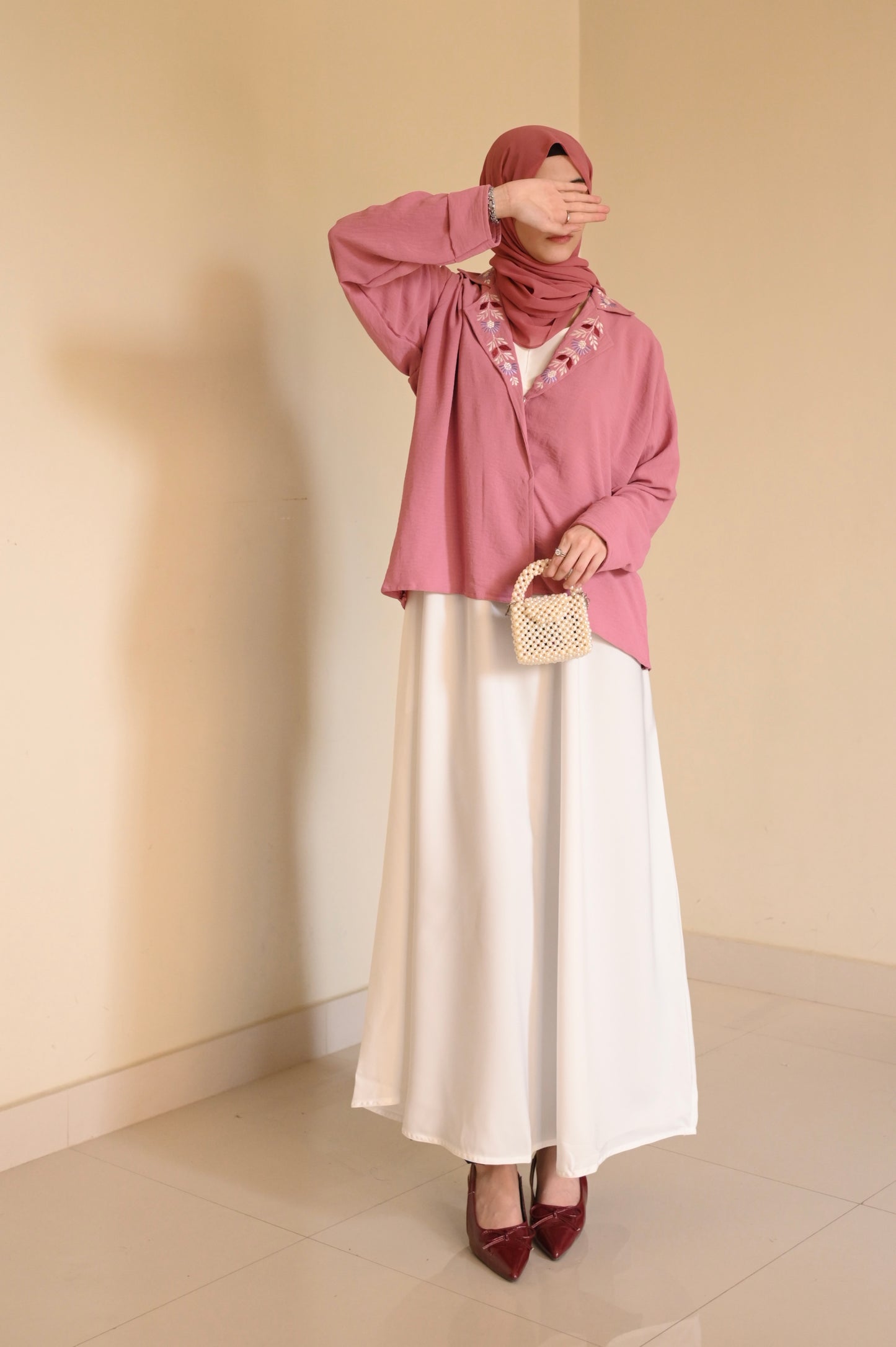 Whispering Petals-Floral Embroidered Half Jacket-  Pink