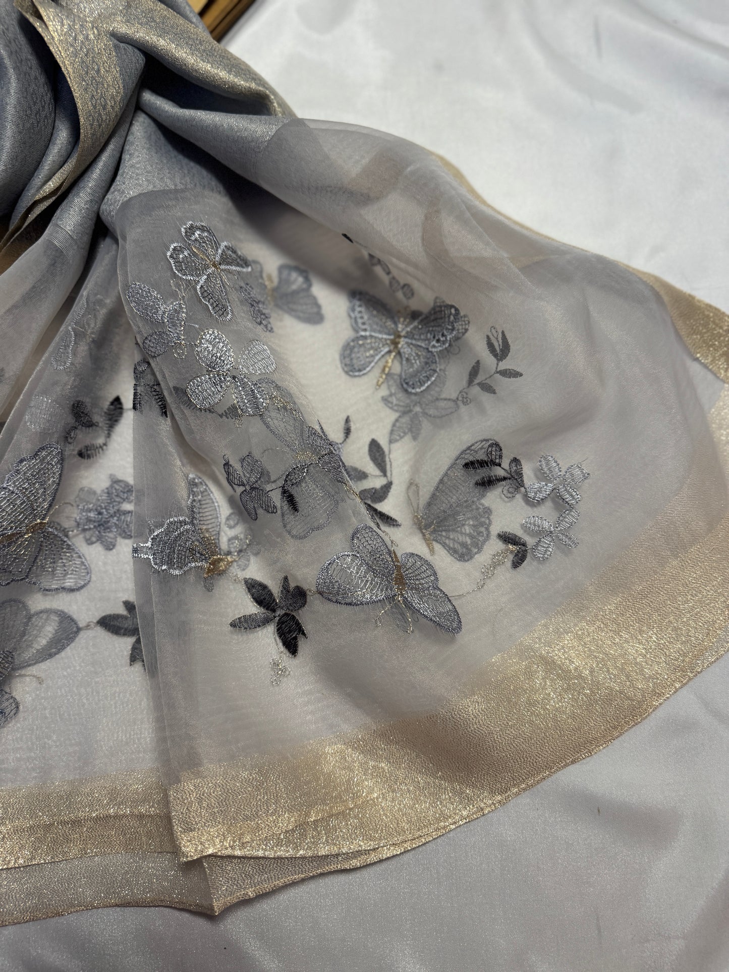 Butterfly Embroidered Organza- Luxury Hijabs- Silver