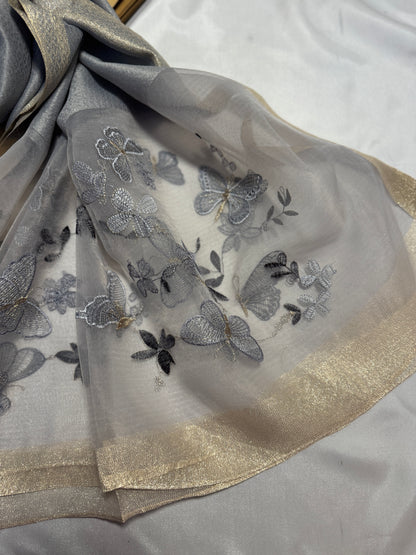Butterfly Embroidered Organza- Luxury Hijabs- Silver