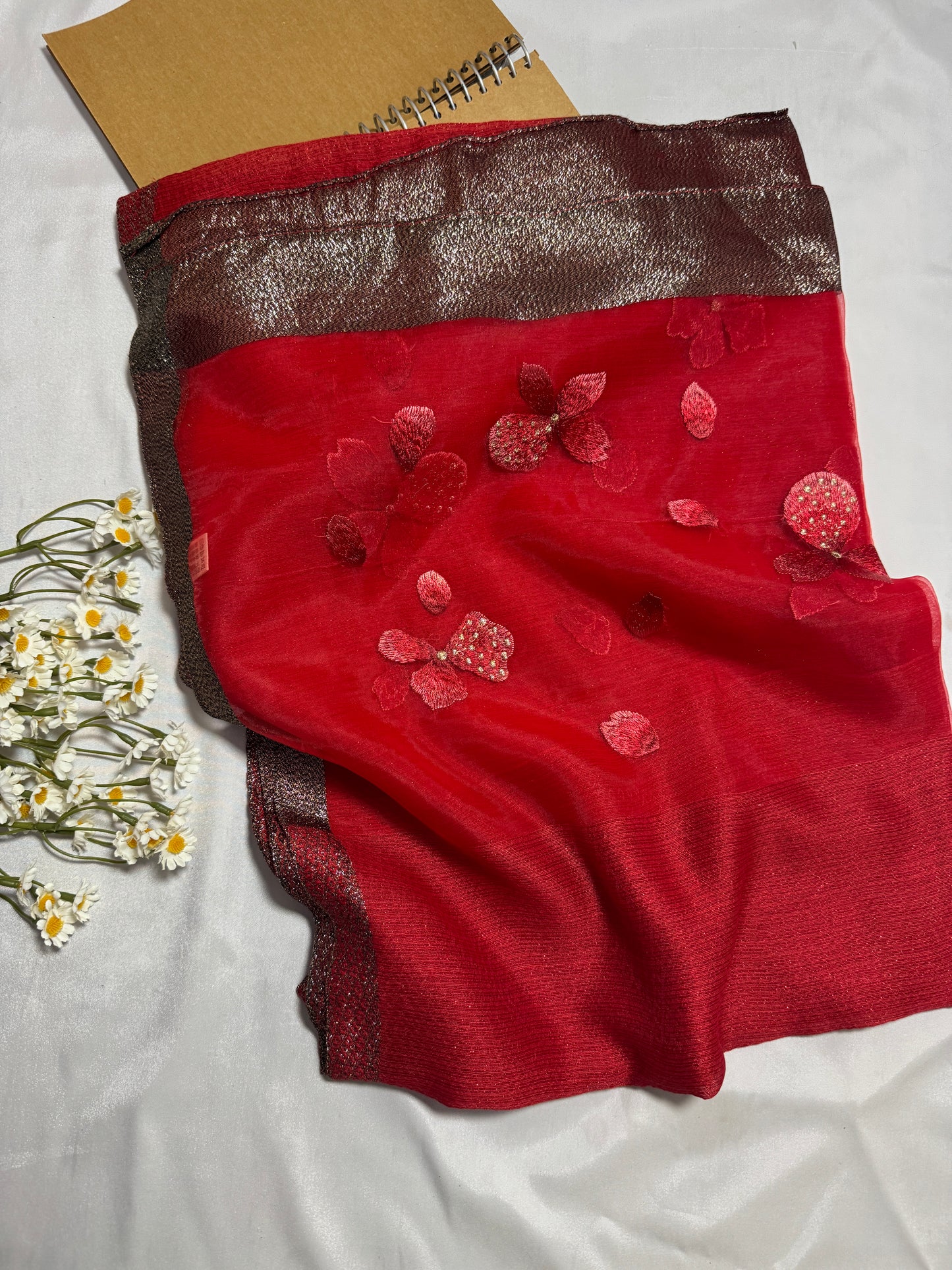 Poppy Flower Embroidered Organza- Luxury Hijabs- Red