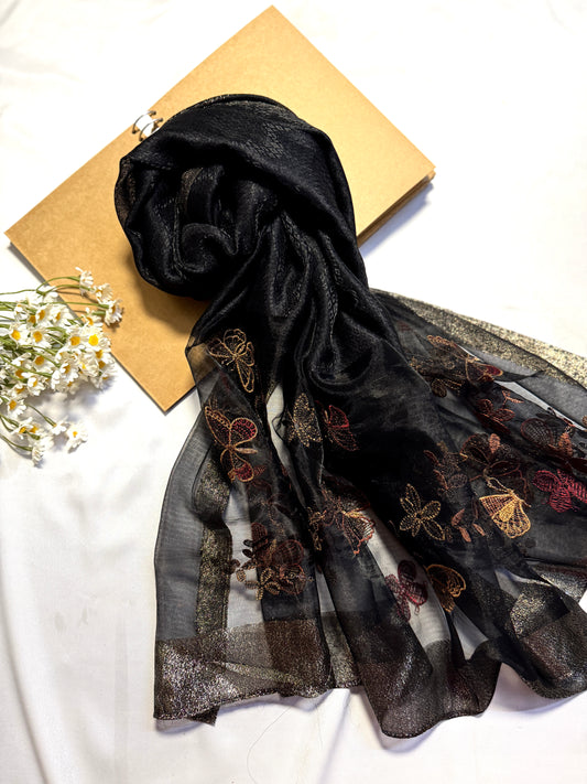 Butterfly Embroidered Organza- Luxury Hijabs- Black