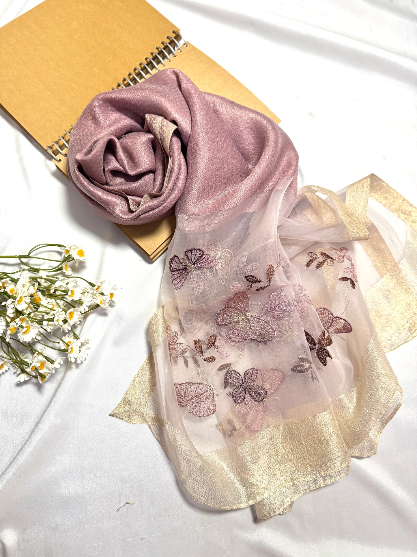 Butterfly Embroidered Organza- Luxury Hijabs- Lilac Muave