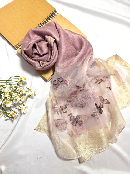 Butterfly Embroidered Organza- Luxury Hijabs- Lilac Muave