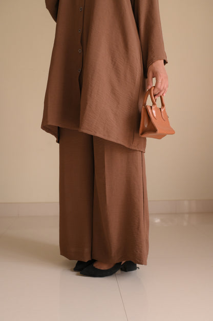 Button Down-Modest Coord Set- Coffee Brown