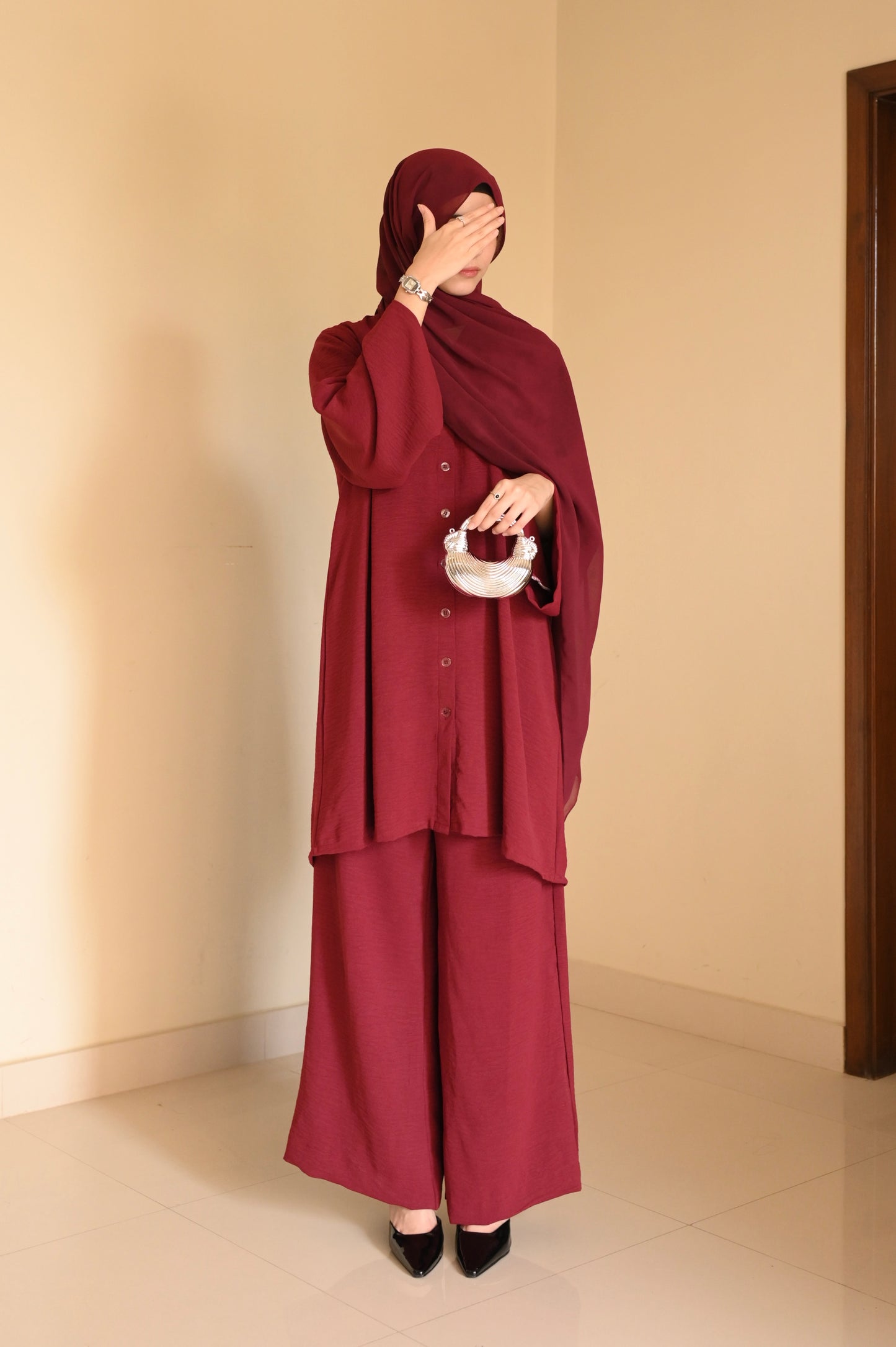 Button Down-Modest Coord Set- Maroon