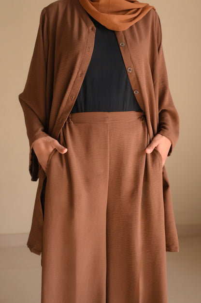 Button Down-Modest Coord Set- Coffee Brown