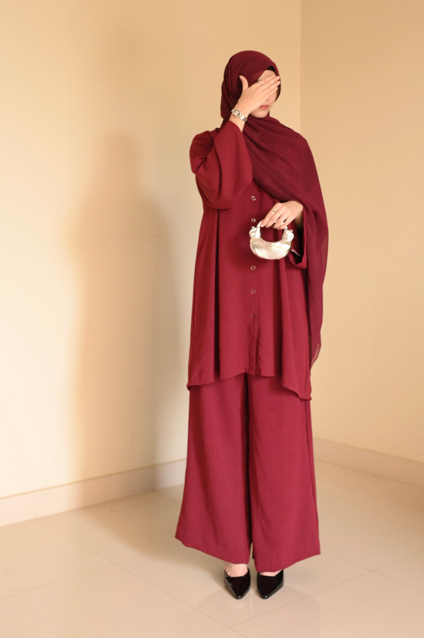 Button Down-Modest Coord Set- Maroon