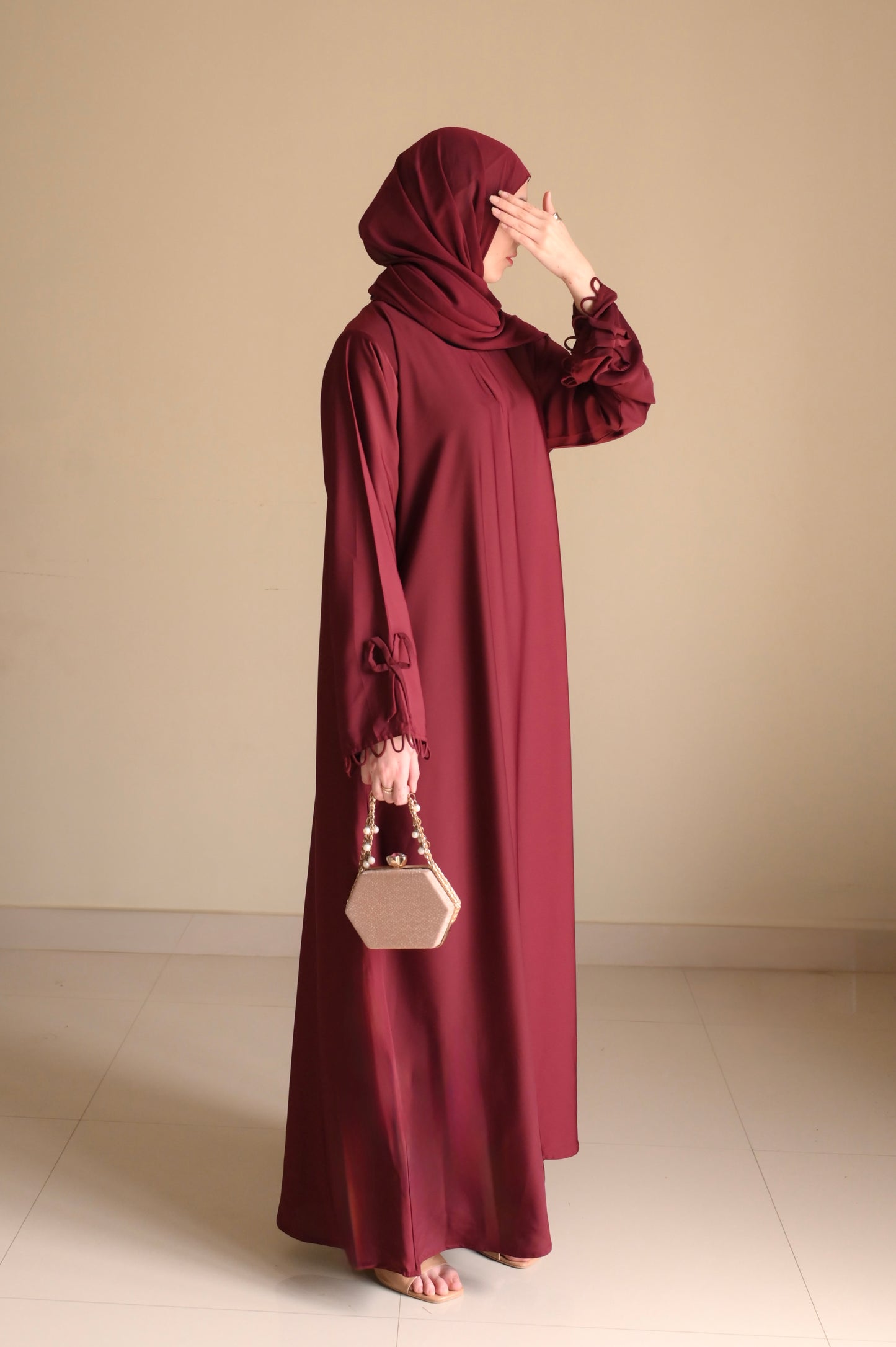 Elysian Bow Sleeve Nida Abaya- Deep Maroon