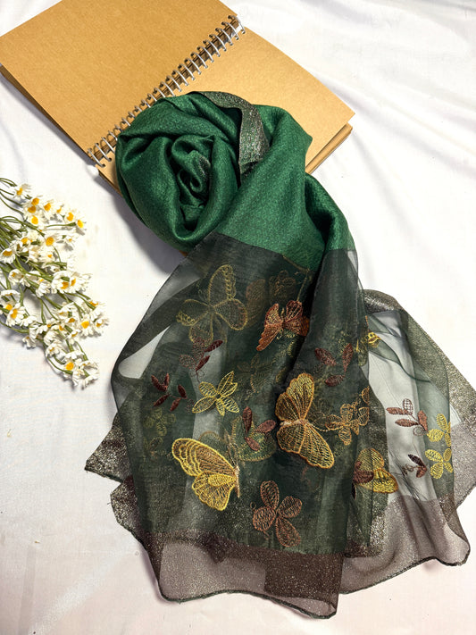 Butterfly Embroidered Organza- Luxury Hijabs- Dark Green